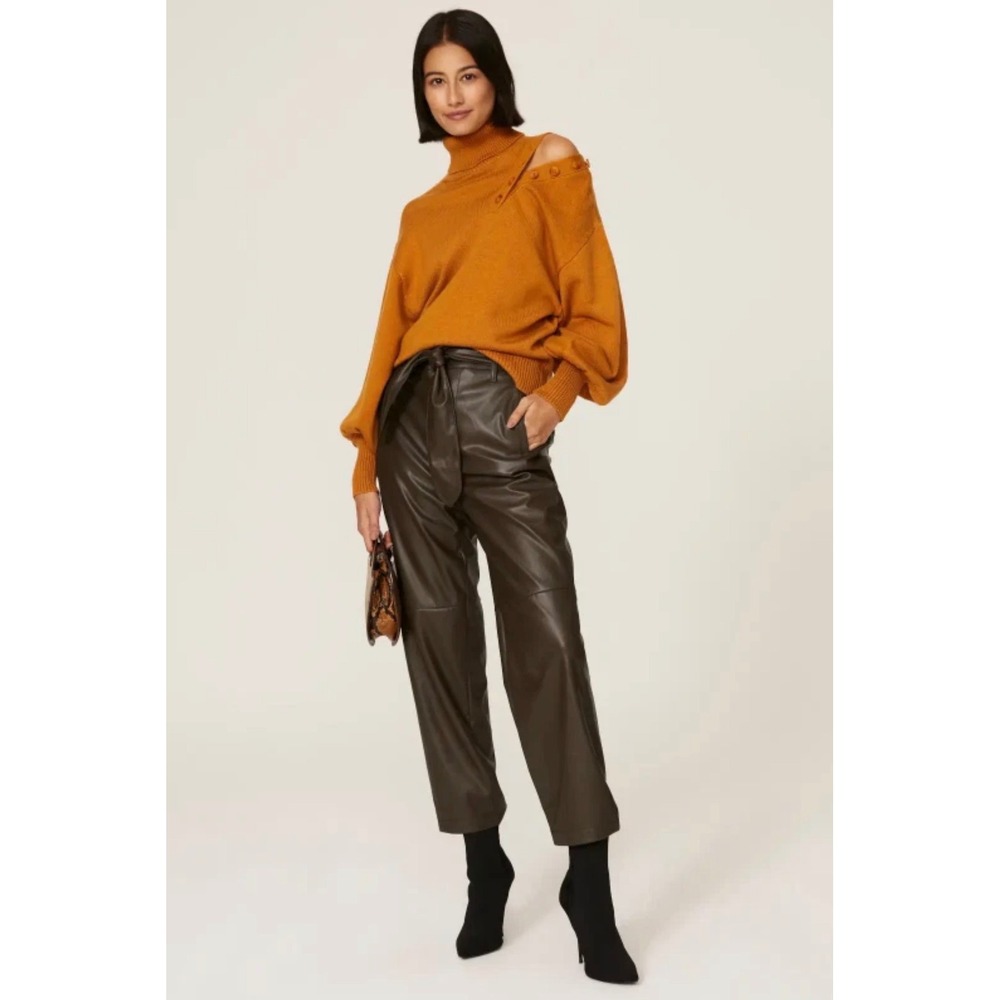 Marissa Webb Women Dark Olive Faux Leather Paperbag Waist Tapered Pants Size 8